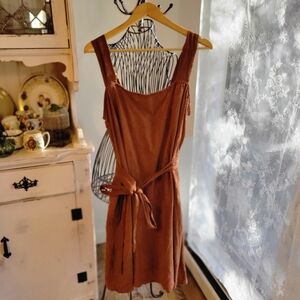 Linen Summer Sleevesless Dress With Waist Tie (Brown)